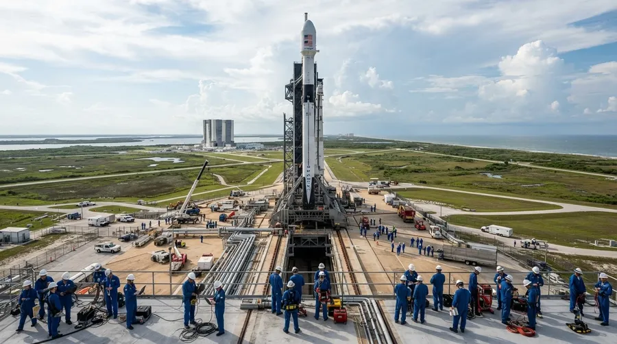 Launch site with rocket and engineers preparing for Nancy Grace Roman Telescope launch