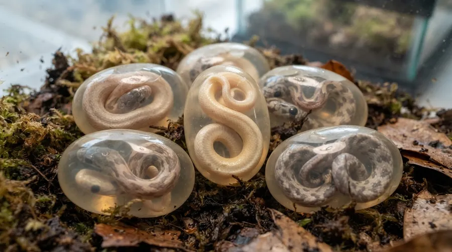 series of snake embryos in eggs showing curling process stages