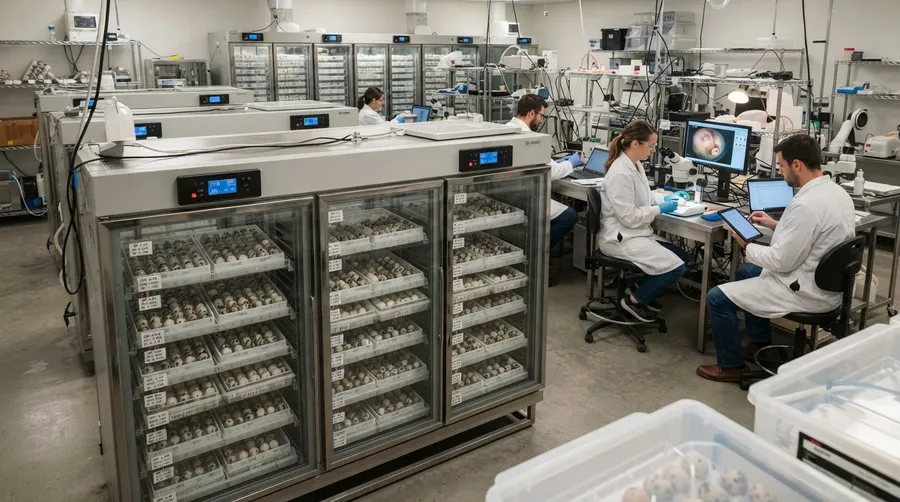 research facility incubation area with eggs and observing researchers