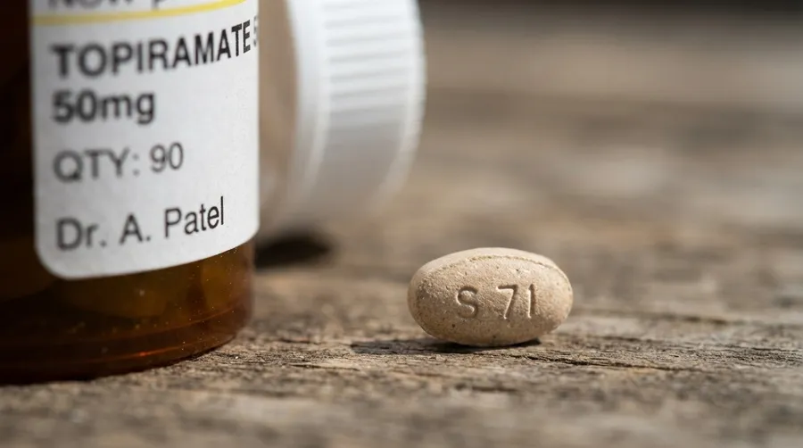 Close-up of migraine prevention pill and bottle