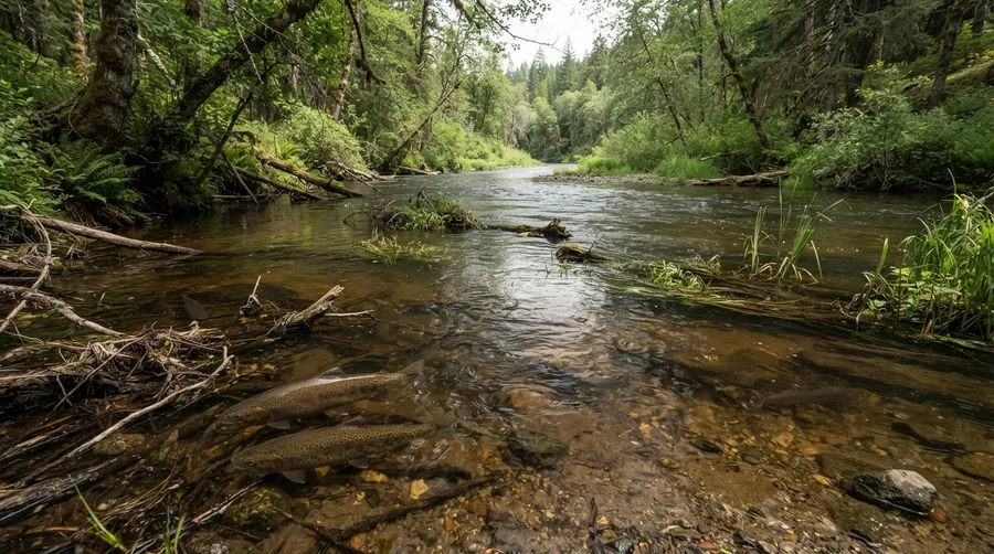 wide shot of murky river ecosystem with fish in foreground