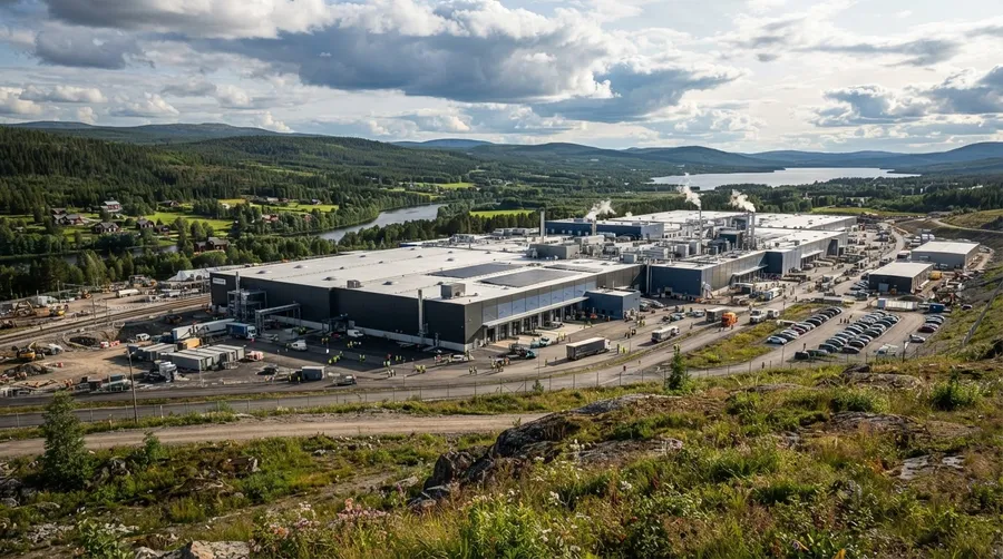 European landscape with gigafactory in foreground