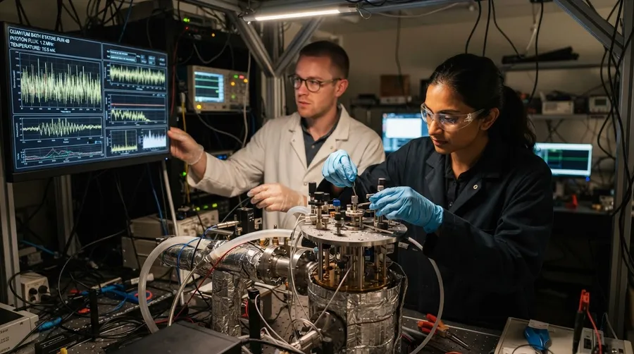 Scientists adjusting equipment in the quantum bath setup