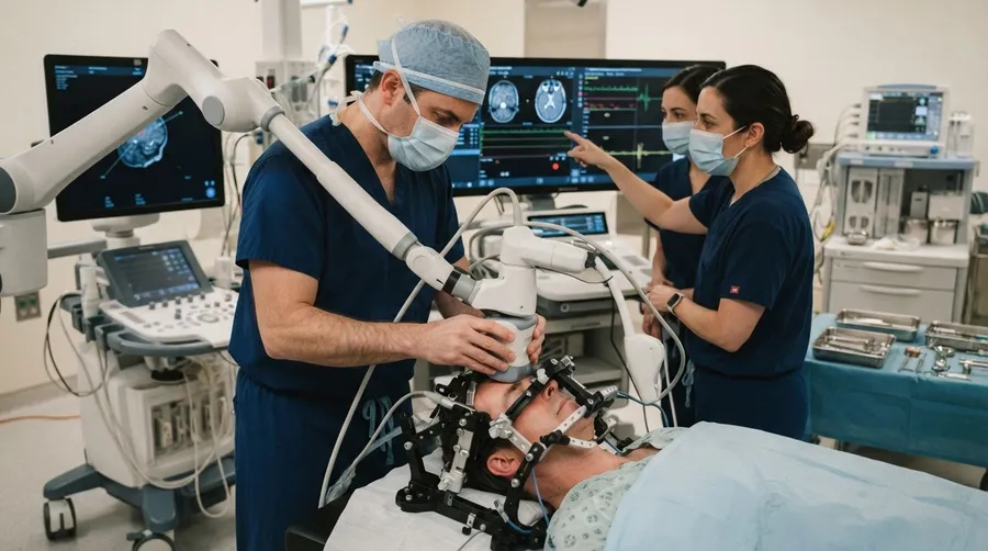 Ultrasound waves applied to patient's head in medical procedure