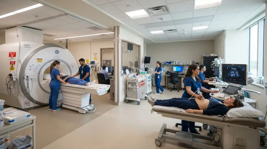 Hospital suite with MRI and ultrasound equipment for brain treatment