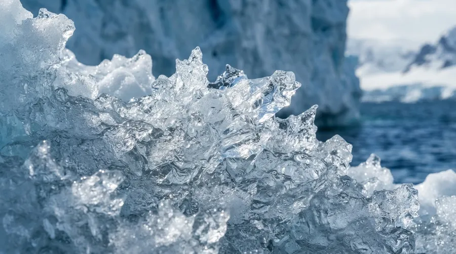 Close-up of jagged ice formations on iceberg surface