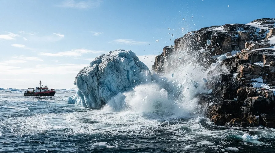 Impact of iceberg with Joe Island, water splashes and ice debris