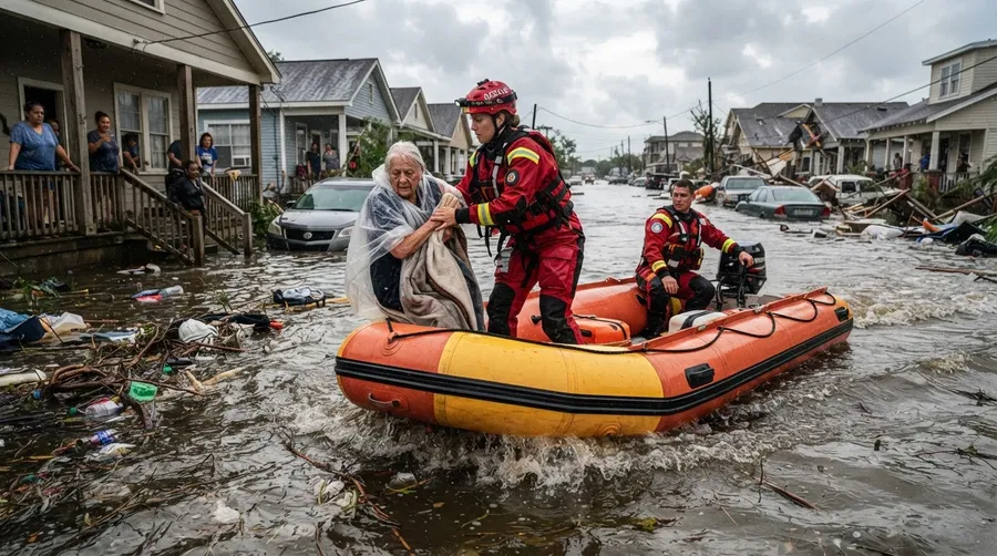 Rescue worker in boat aiding residents during 2021 floods