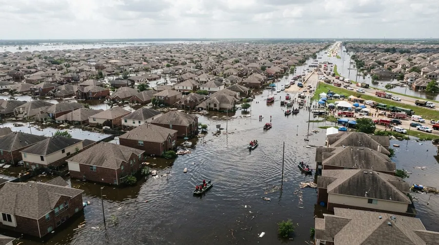 Wide shot of neighborhood submerged by floodwaters in 2021