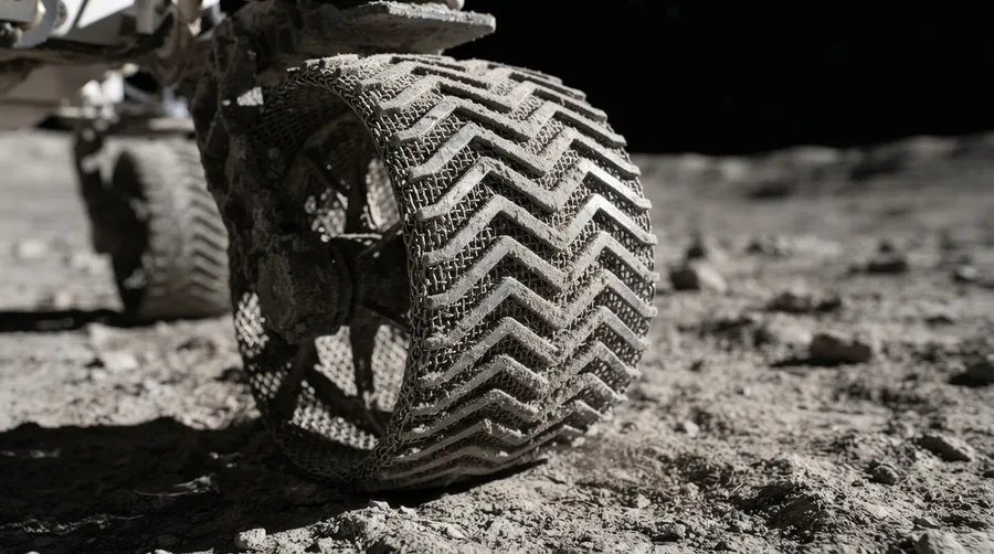 Close-up of rover wheel with intricate tread pattern for lunar terrain