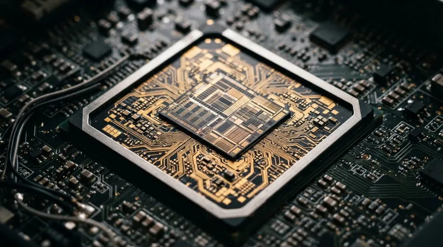 Close-up of microchip circuitry reflecting light