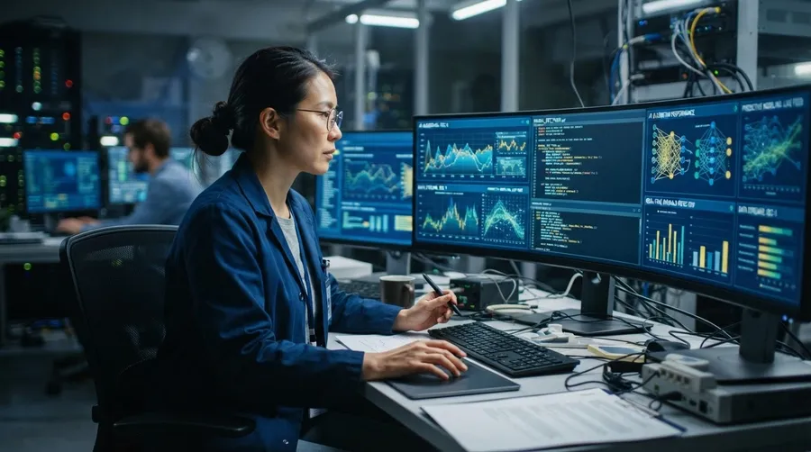 Researcher monitoring real-time AI data on multiple screens