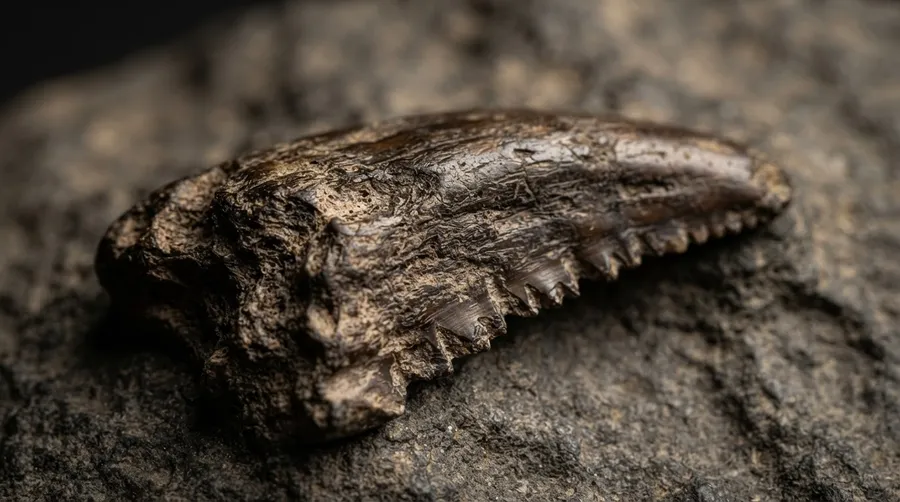 Close-up of fossilized Miracinonyx trumani tooth showing serrations and wear