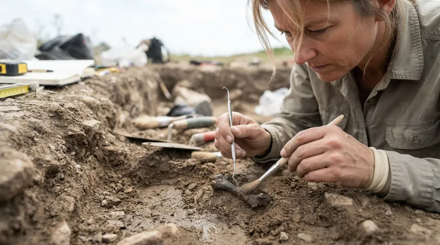 Scientist extracting bone fragment at archaeological dig site