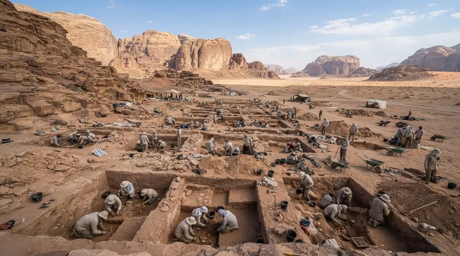 Wide shot of excavation site with scientists in desert environment