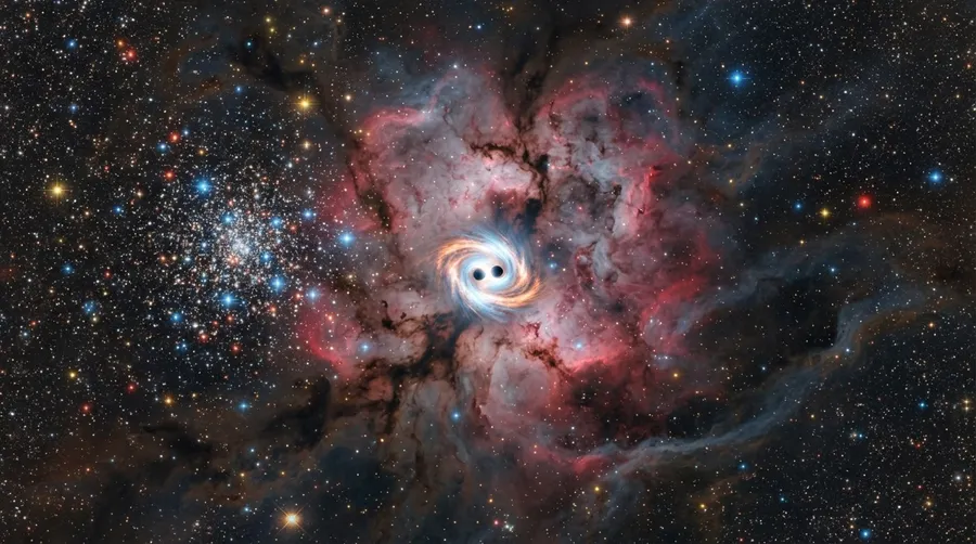 region of space with black hole pairs and celestial bodies