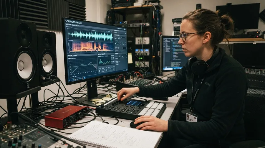 Researcher manipulating data for sonification using computer and speakers