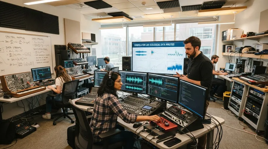 Wide shot of sound studio with researchers working on sonification