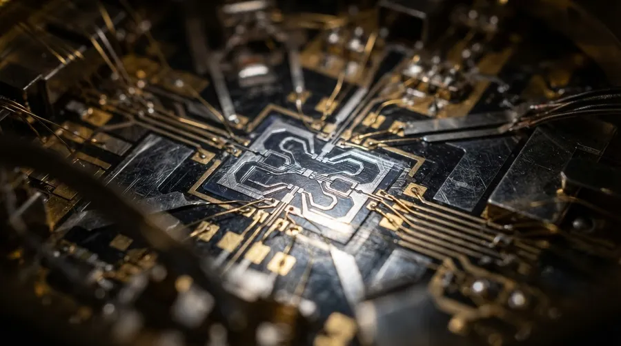 Close-up of a qubit in the quantum computer showing superconducting circuit details