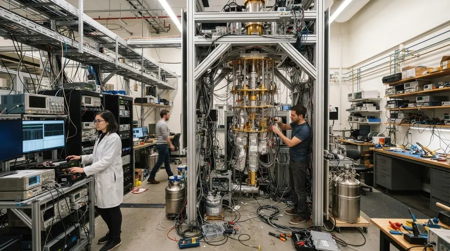 Wide shot of laboratory with quantum computer setup and researchers