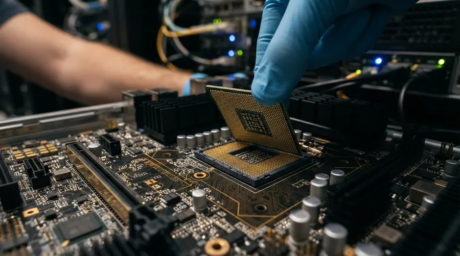 Close-up of microchip in AI computing unit with intricate circuitry