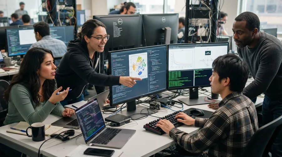 Engineers developing AI algorithms with monitors displaying data