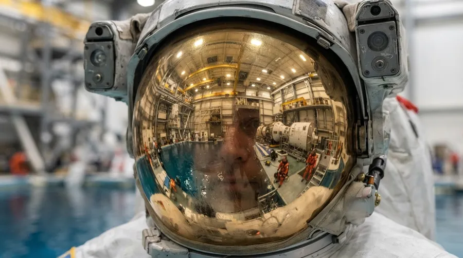 Close-up of astronaut helmet visor reflecting NASA Marshall Space Flight Center