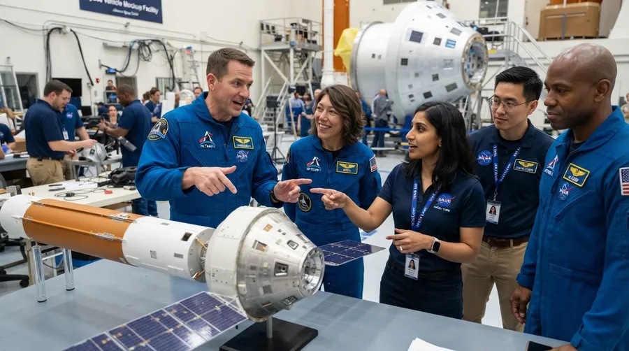 Artemis II astronauts and NASA engineers discussing spacecraft model