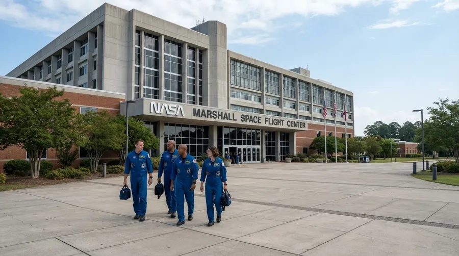 Artemis II crew walking towards NASA Marshall Space Flight Center entrance