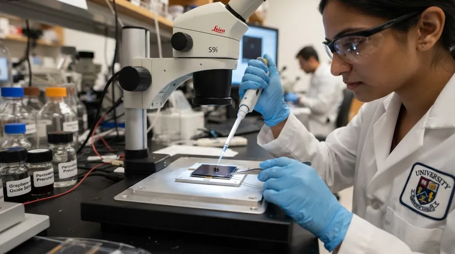 scientist applying graphene oxide bilayer to perovskite solar cell
