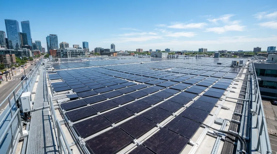 array of perovskite solar cells on rooftop under blue sky