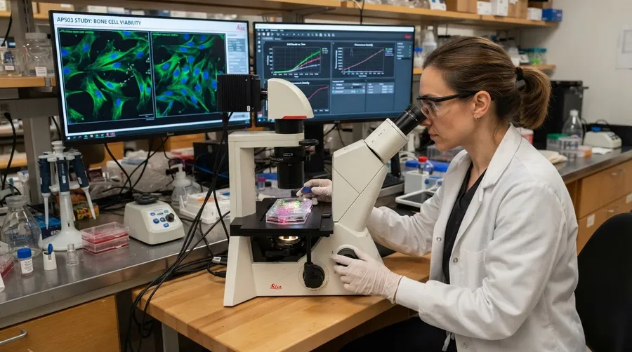 researcher using microscope to observe AP503 effects on bone cells