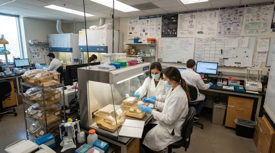 laboratory scene with researchers conducting bone loss experiments
