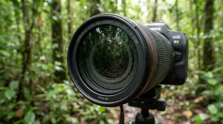 High-resolution camera lens reflecting forest vegetation