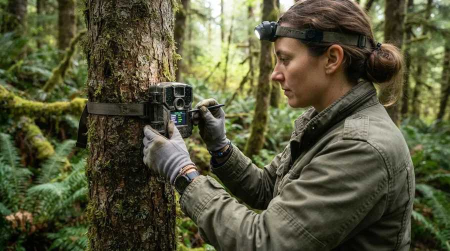 Researcher setting up AI-enabled camera trap in forest