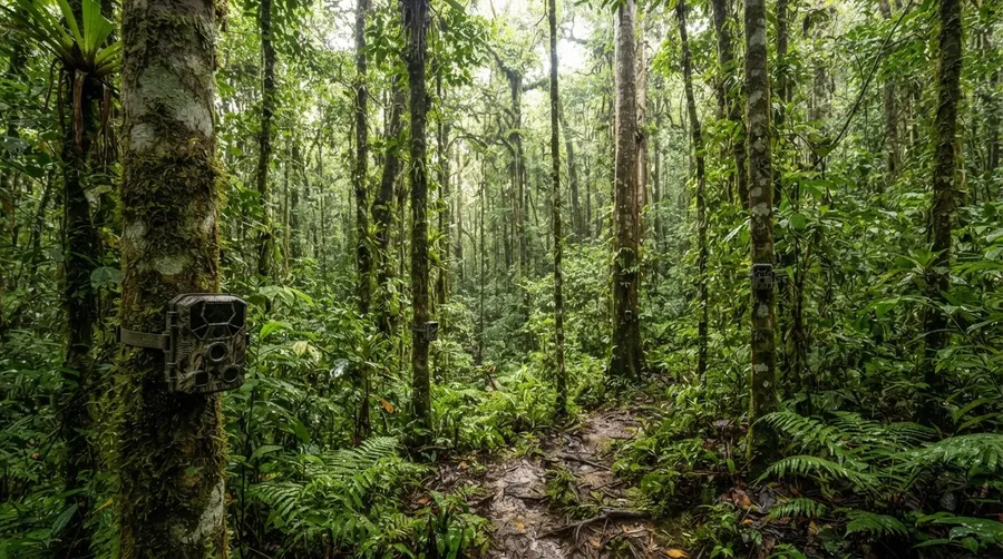 Lush rainforest with multiple camera traps for wildlife monitoring