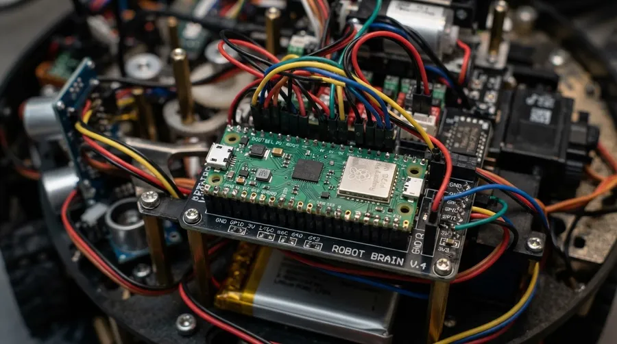Close-up of Raspberry Pi Pico W chip in autonomous robot
