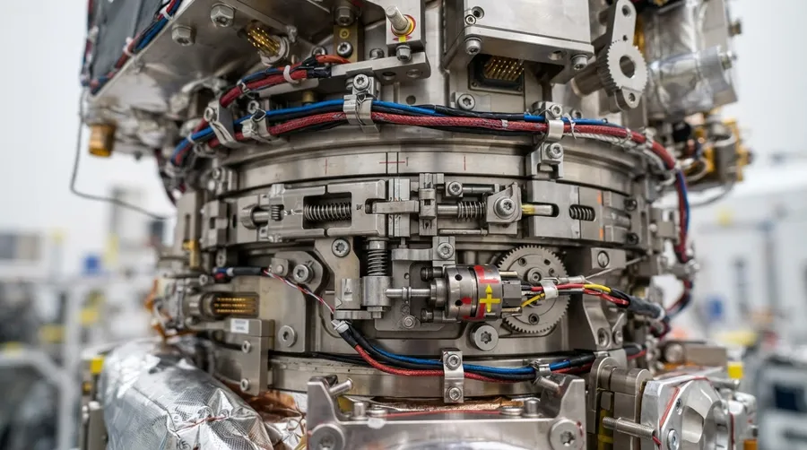 Close-up of BepiColombo MTM separation mechanism showing latching and detaching details