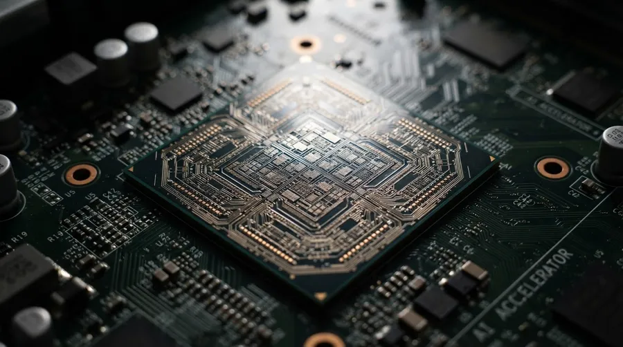 Close-up of neural network chip with intricate circuitry patterns