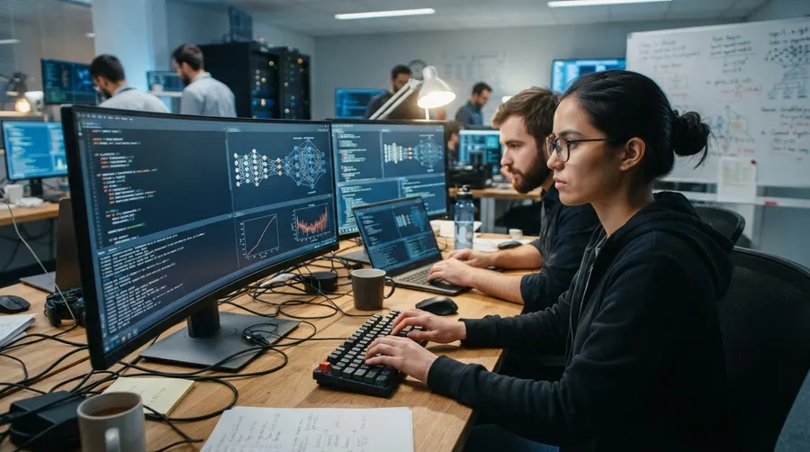 Researchers programming AI algorithms on advanced workstations