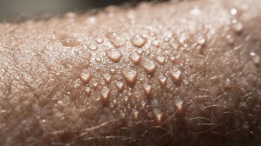 Close-up of sweat glands on human skin with perspiration beads