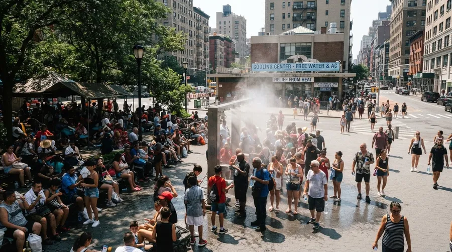 Urban area during heatwave with people using cooling methods