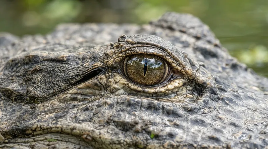 Close-up of alligator's eye with detailed scales and environmental reflection