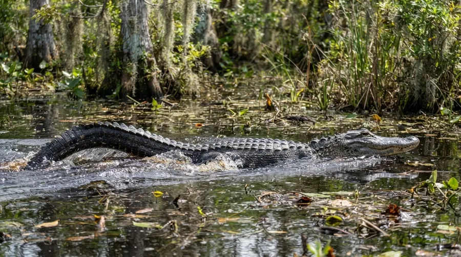 Alligator swimming in swamp with dynamic tail movement and water ripples