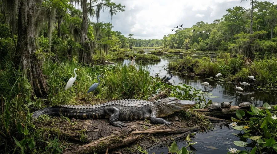 Alligator in lush wetland surrounded by wildlife and dense vegetation