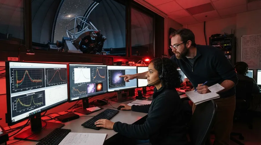 astronomers analyzing supernova data with telescopes and computers
