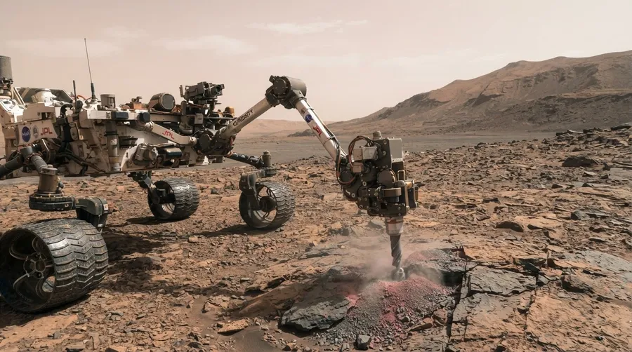 Curiosity Rover robotic arm collecting Martian soil sample