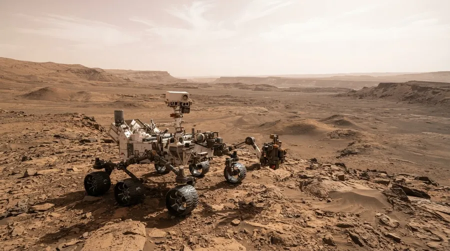 Curiosity Rover on Martian landscape showing scale of barren terrain