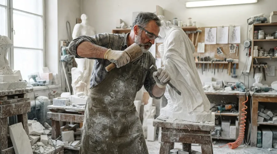 Sculptor Pavel working on Jim Gates tribute sculpture