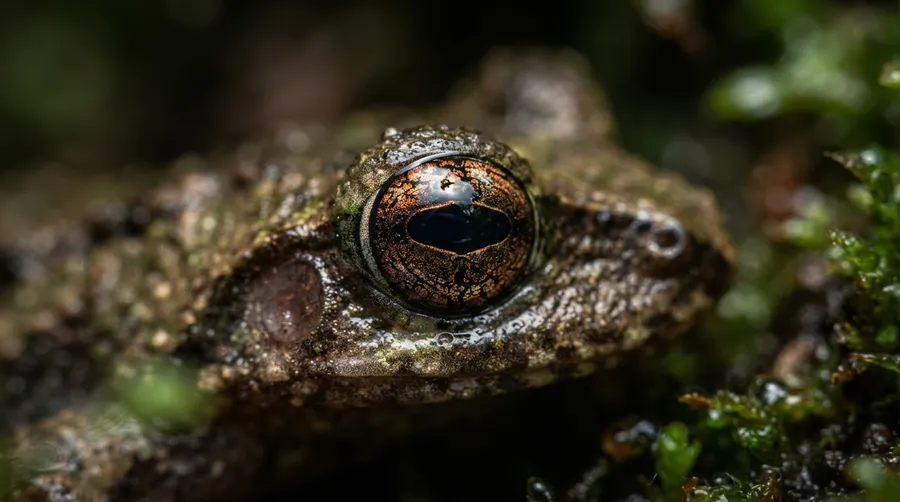 Close-up of Adenomera varcena frog eye with unique patterns